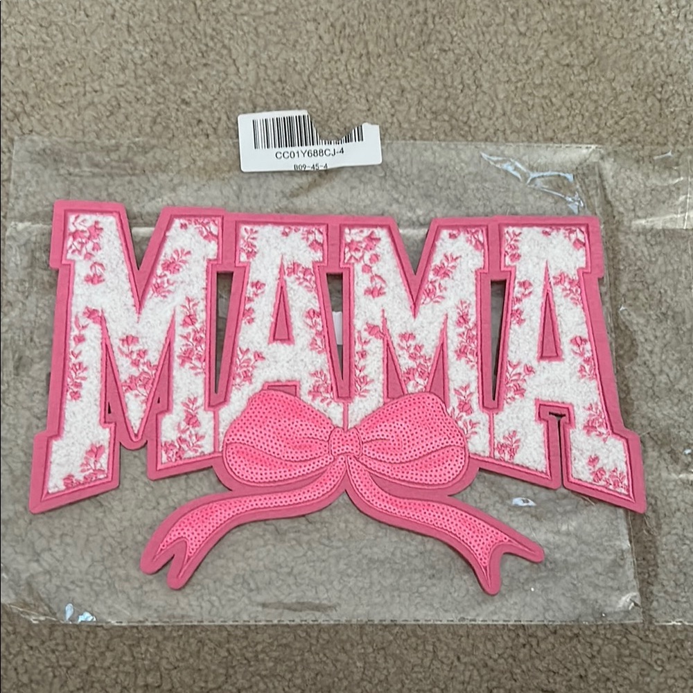 Pink and White iron on 'MAMA' Patch with Bow